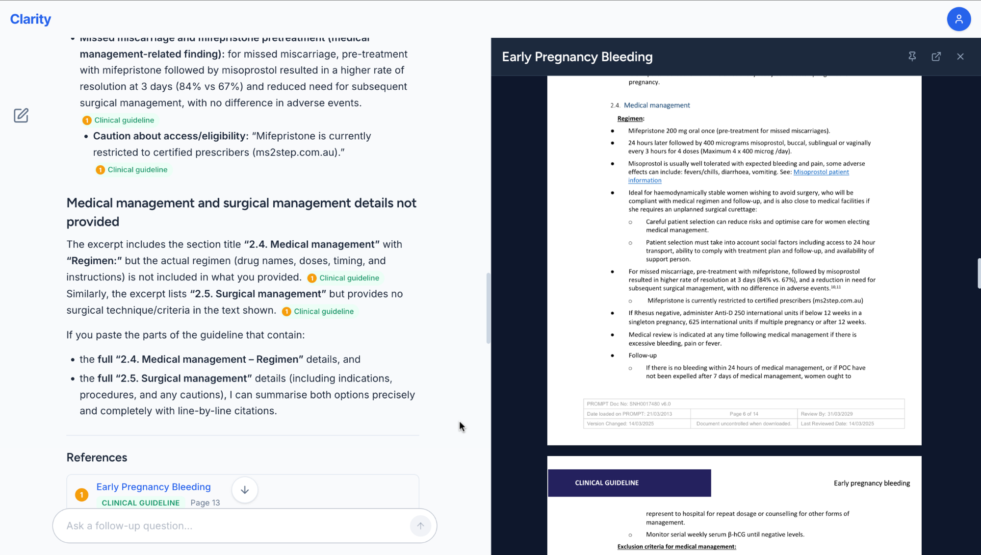 clarity RAG answer with cited clinical guideline sources